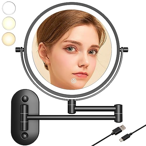 TUSHENGTU Espejo de maquillaje montado en la pared de 8 pulgadas con aumento LED de 10x para tocador, baño y afeitado, recargable por USB,...