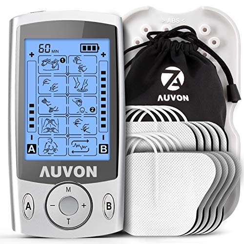 AUVON TENS Electroestimulador Digital, de doble canal para aliviar el dolor, electroestimulador TENS de unidad con 20 modos, 10 piezas de...